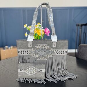 Trinity Ranch Aztec Tooled Fringe Concealed Carry Tote + Wallet Black